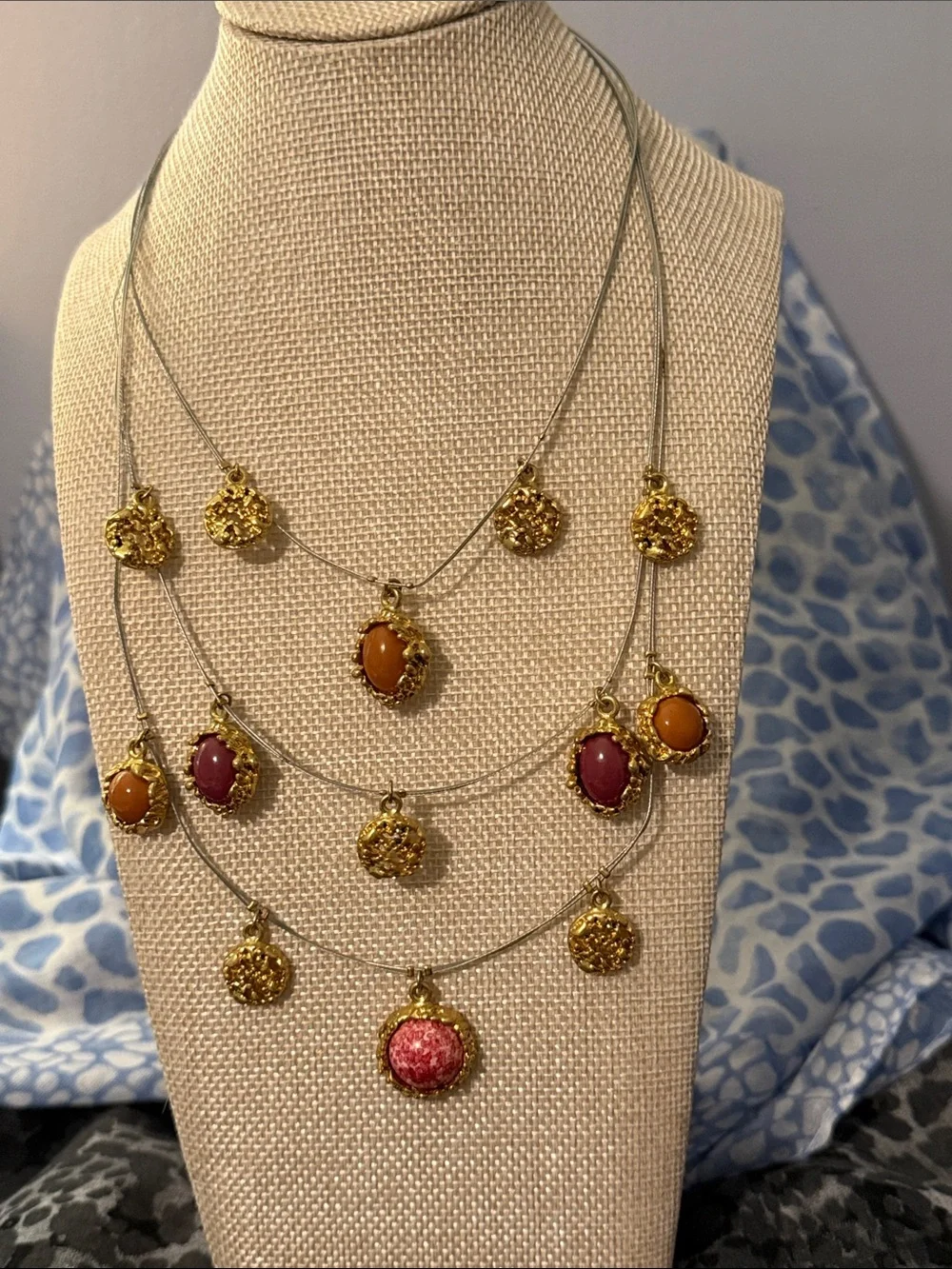 Chico's Layered Gold Disc Necklace with Pink and Orange Stones